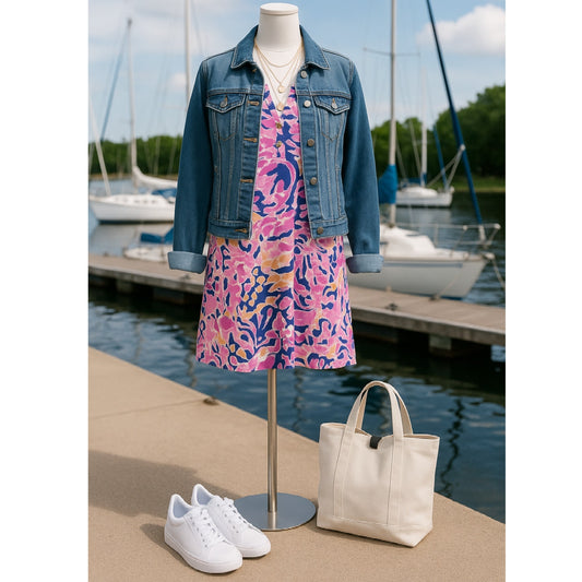 Lilly Pulitzer Essie Dress Brilliant Blue Catch & Release Pink Sea Life Print Cotton | Women's Size S