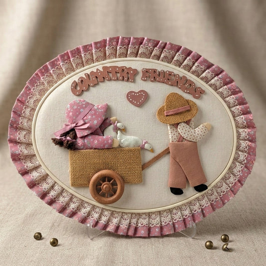 Vintage 1980s Country Friends Oval Hoop Art | Cottagecore Home Decor