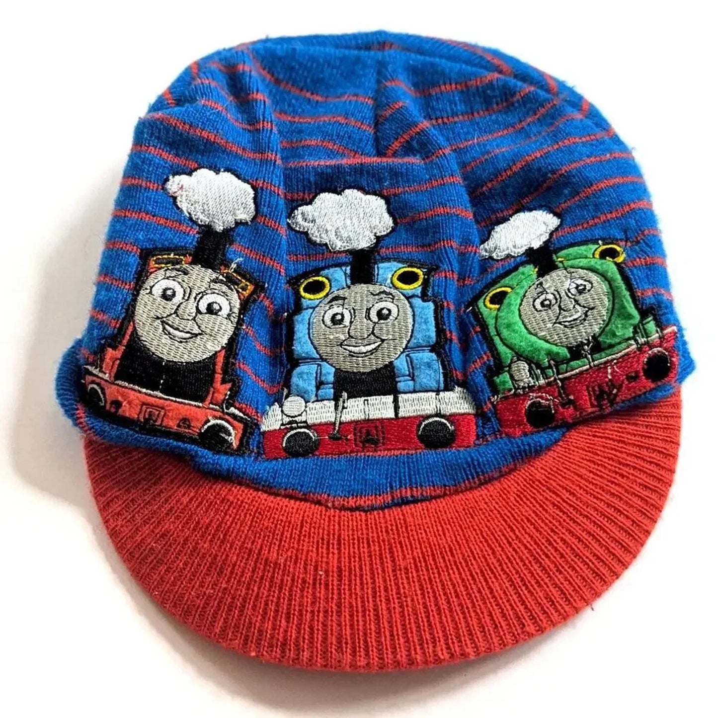 Toddler Knit Brimmed Hat – Blue & Red Trains / Tank Engines