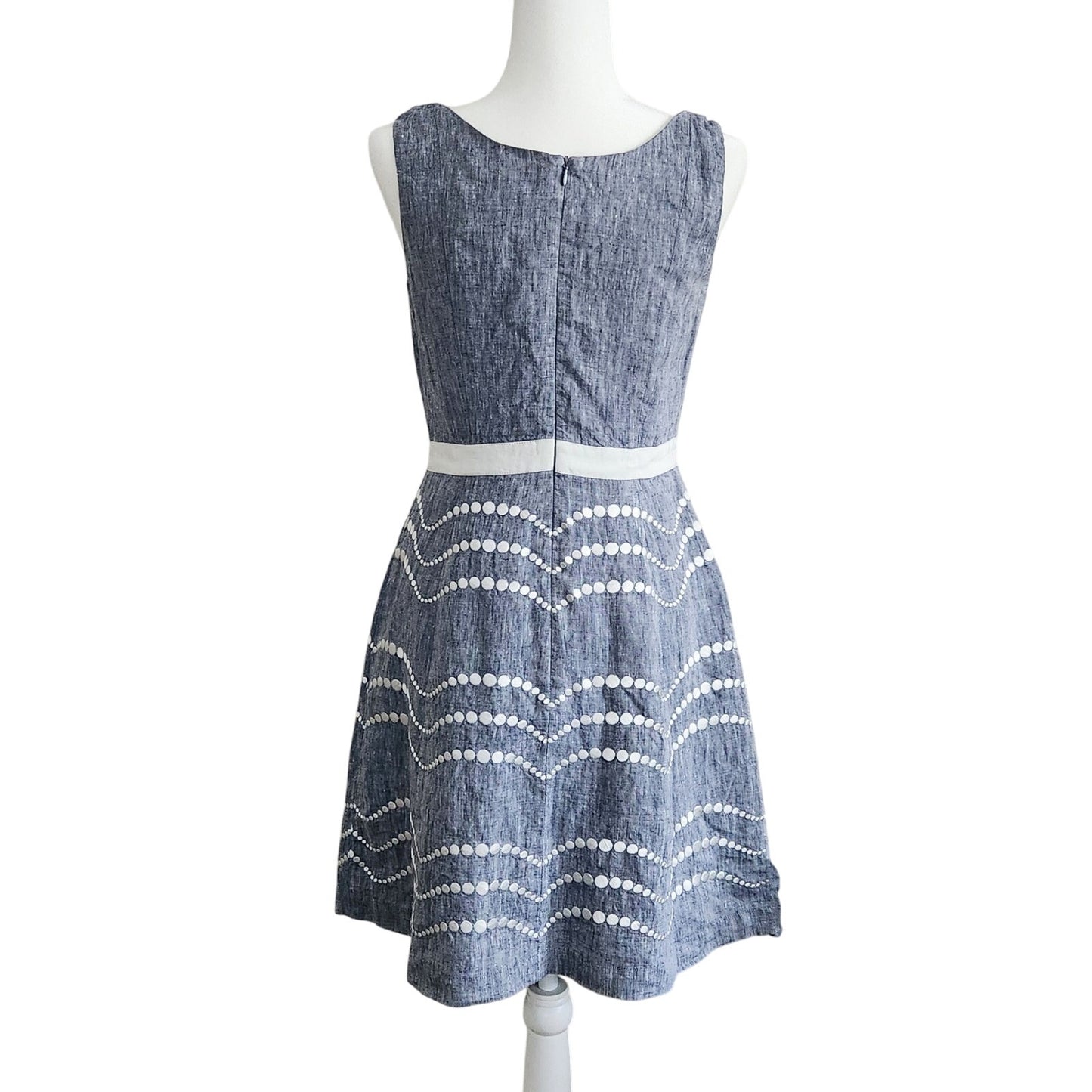 Boden Chambray Wave Dot Linen Dress Blue White Polka Dot A-Line Sleeveless Women's Size 6