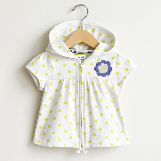 Carter’s Vintage 2000s Y2K Short Sleeve Zip Hoodie – Baby Girl Size 12 Months – White Polka Dot with Flower Appliqué – 100% Cotton – Hypoallergenic & Eczema Friendly