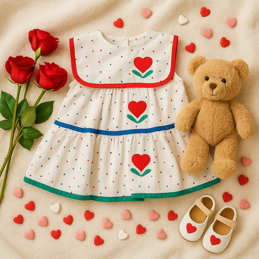 Vintage 1980s Lisa Jackson Baby Girl Dress – Polka Dots & Heart Appliqué, Bib Collar, Tiered Skirt – Size 3-6 Months, Made in USA