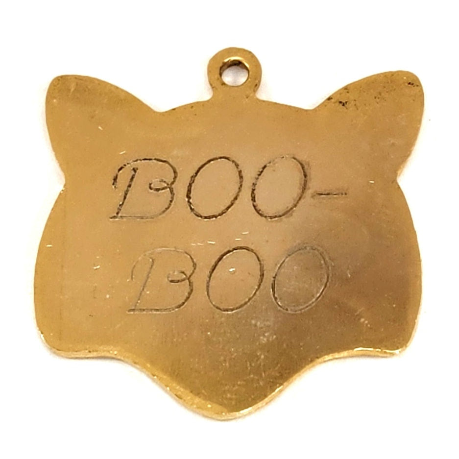 1990s Brass Cat Face Tag with Gift Box – Personalized “Boo-Boo” Pet ID Charm