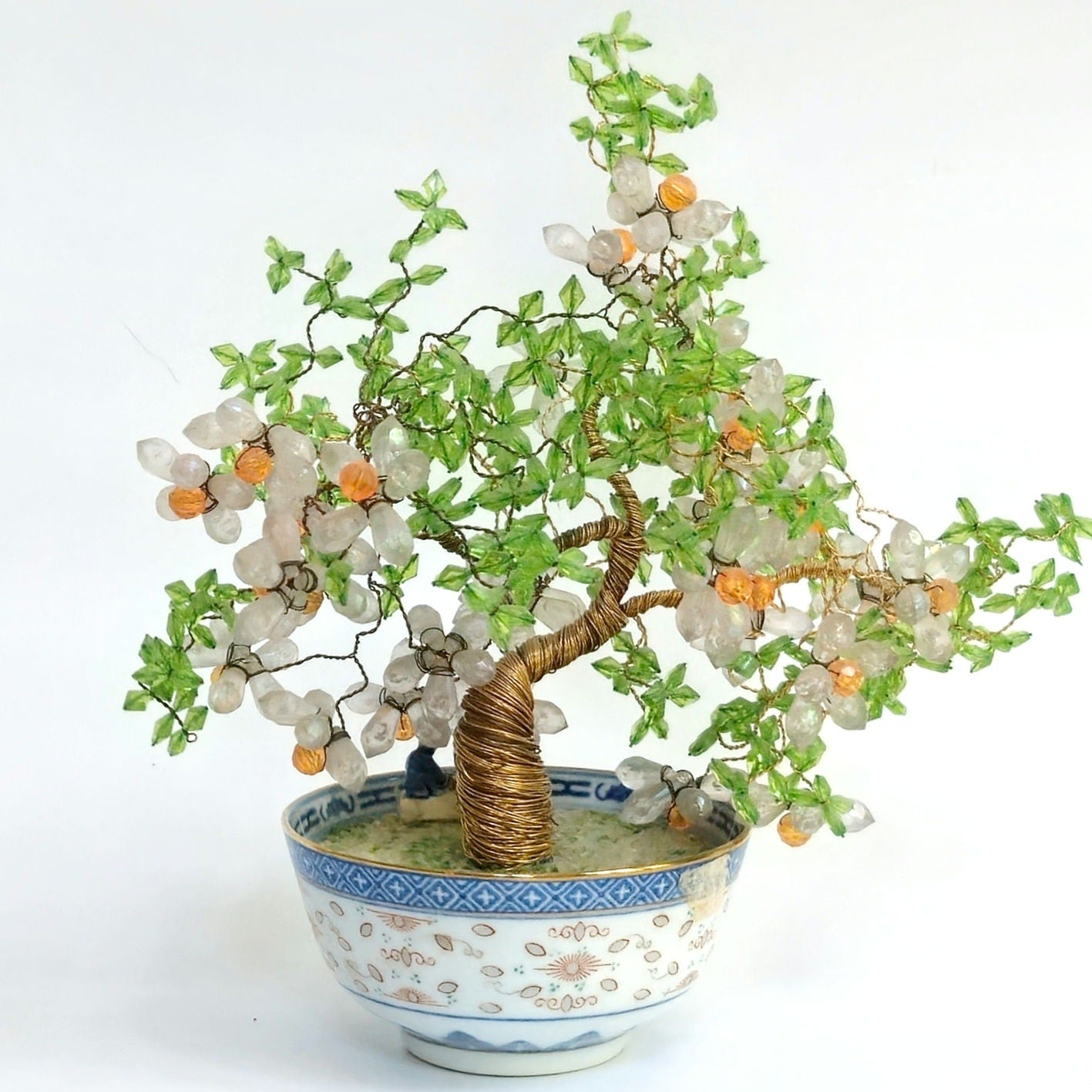 Vintage Chinese Gemstone Bonsai Tree in Porcelain Bowl
