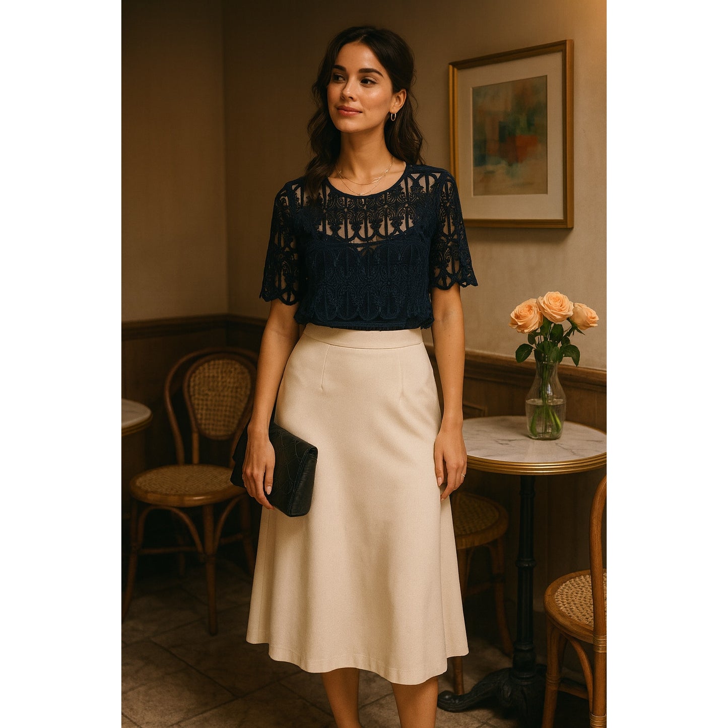 Anthropologie En Elle Marka Lace Scallop Hem Navy Blue Blouse | Women's 10 NWT