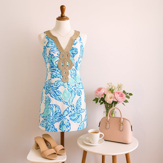 Lilly Pulitzer Women's Emery Barefoot Princess Metallic Soutache Shift Dress Size 2