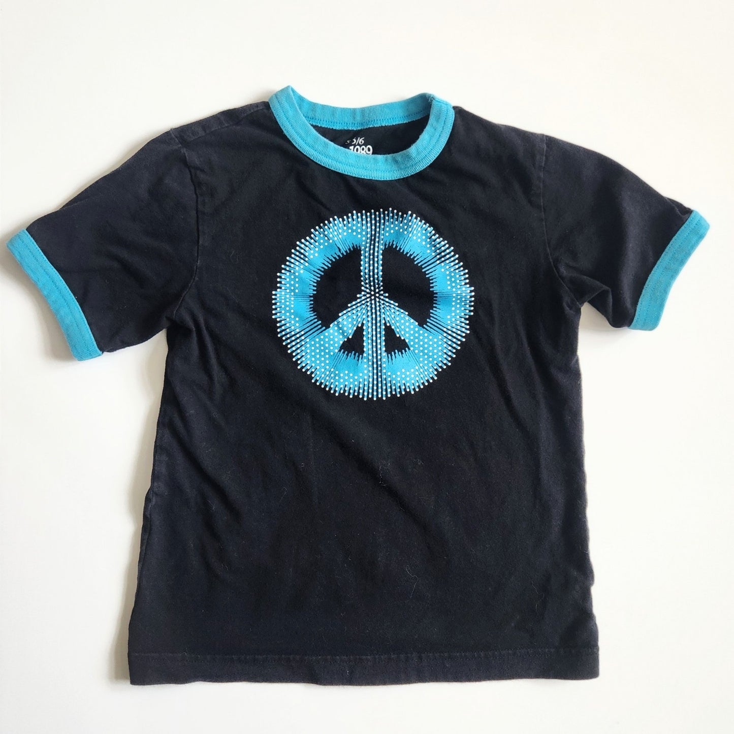 Vintage Y2K The Children’s Place Peace Sign T-Shirt – Retro Black & Turquoise Ringer Tee, Size Small 5/6, 2000s Kids Graphic Shirt