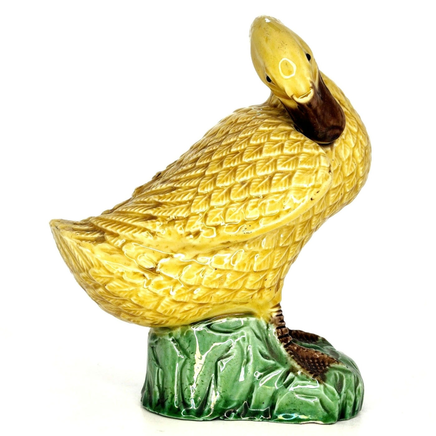Antique Chinese Porcelain Miniature Yellow Glazed Preening Duck Figurine 1920s