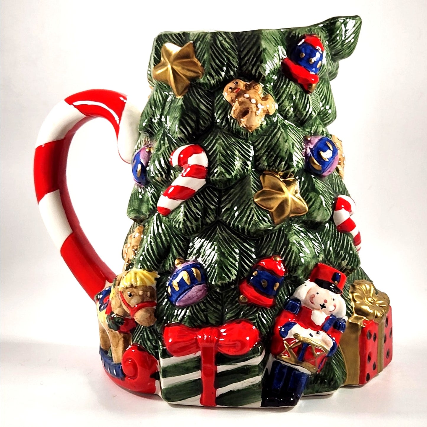 1994 Christmas Tree Ceramic Pitcher with Candy Cane Handle, Teddy Bear & Gift Box Details