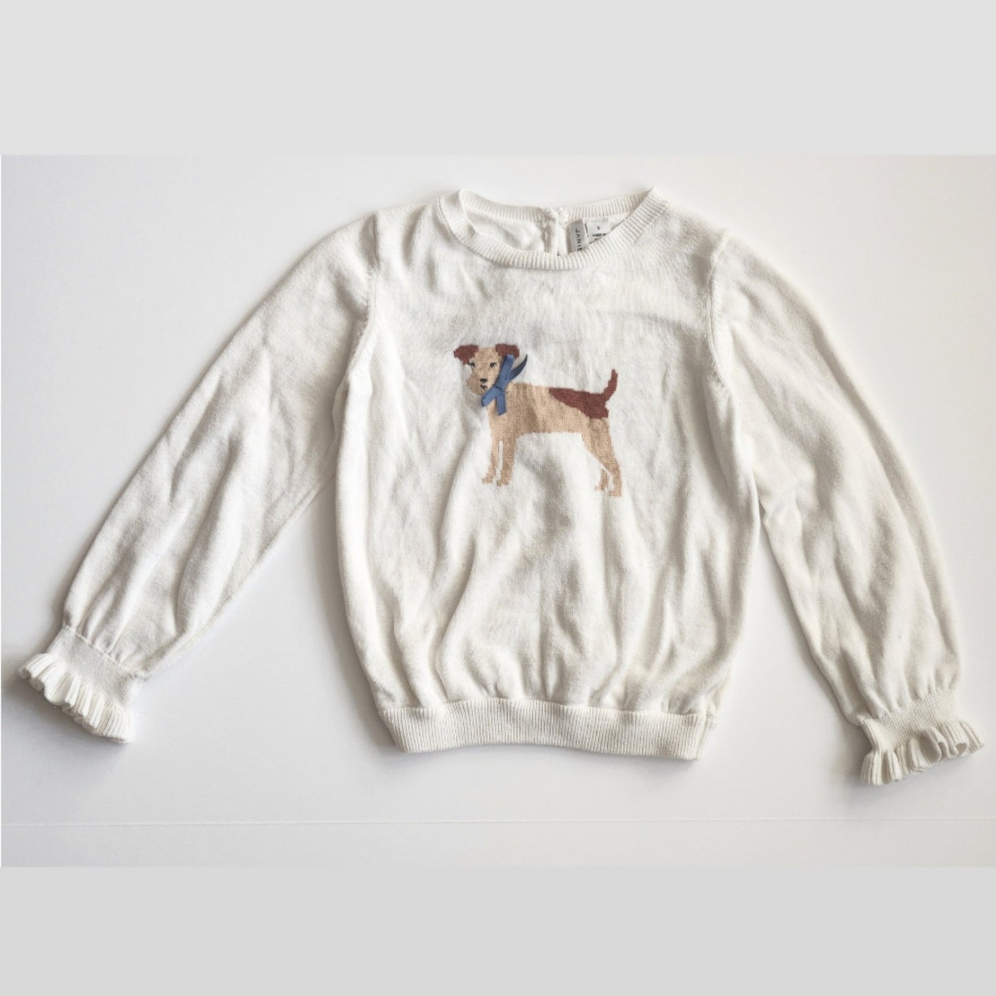 Janie and Jack Ruffle Cuff Dog Sweater | Jet Ivory White Cotton | Girls Size 5