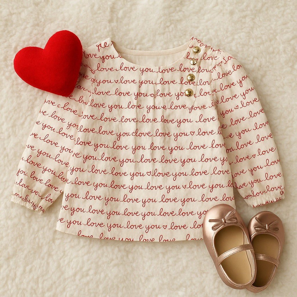 BabyGap “Love You” Hearts Button Blouse Long Sleeve Cotton Shirt | Girl 18–24M