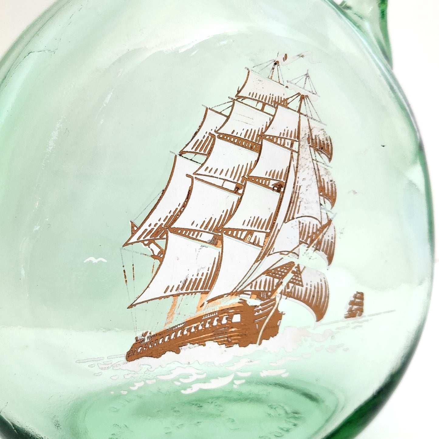 MCM Vintage Old Fitzgerald Green Glass Flagship Decanter Bottle – Tall Ship Design – Collectible Nautical Barware