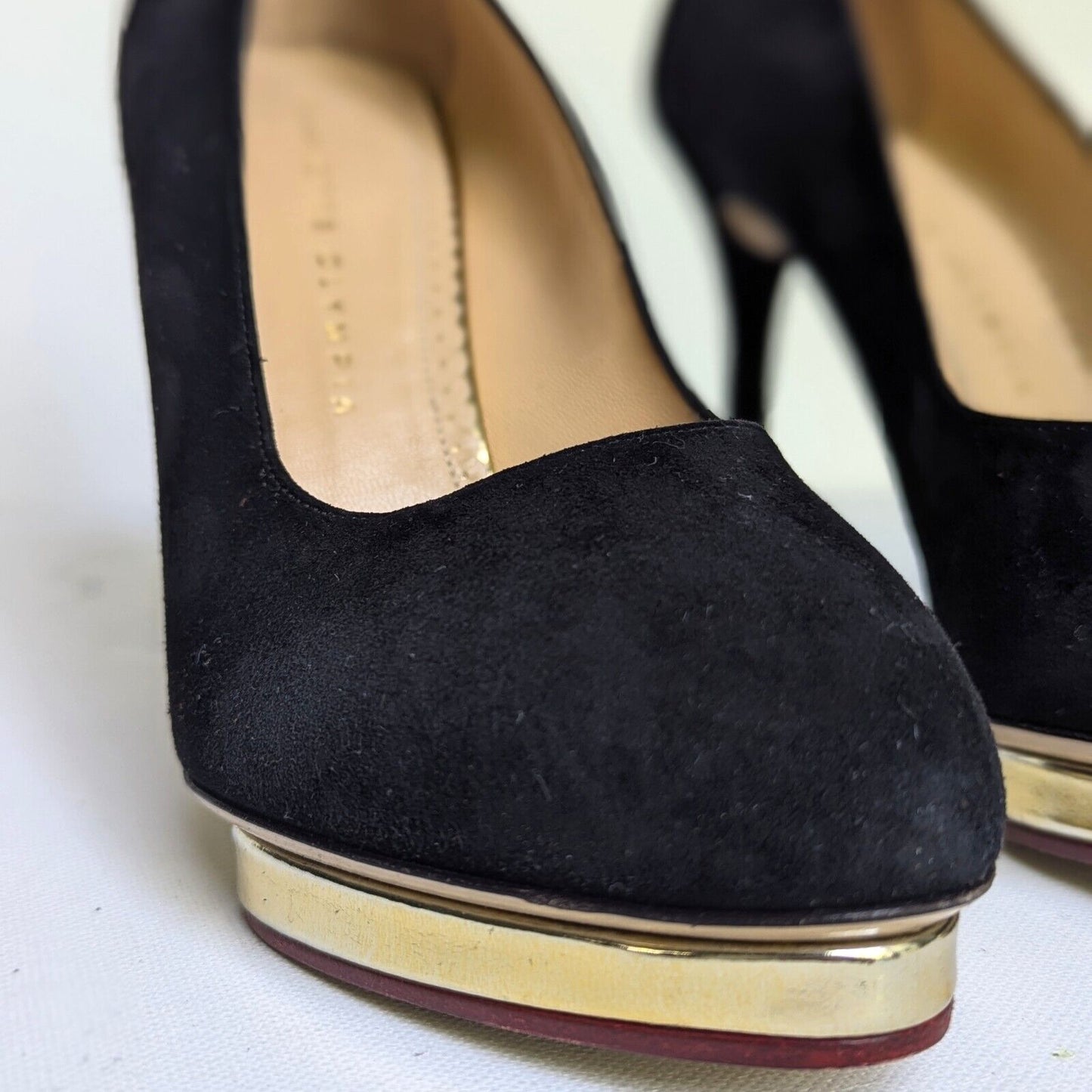 Charlotte Olympia Black Suede & Gold Debbie Pumps Size 39 | 8.5 Made in Italy
