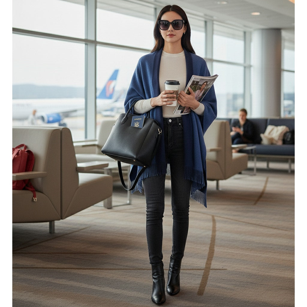 Wool & Rayon Blend Shawl Wrap | Two-Tone Navy & Periwinkle | Reversible Fringe Trim | One Size