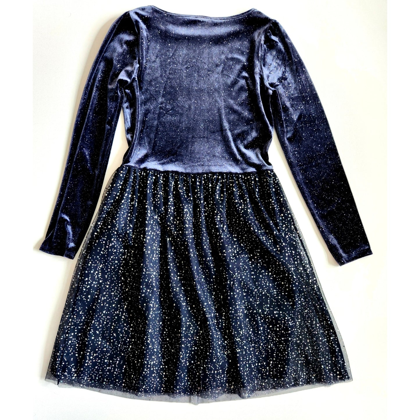 Crewcuts Girls’ Sparkle Velvet Dress Navy Blue XL – Long Sleeve Tulle Glitter Star Skirt Party Dress