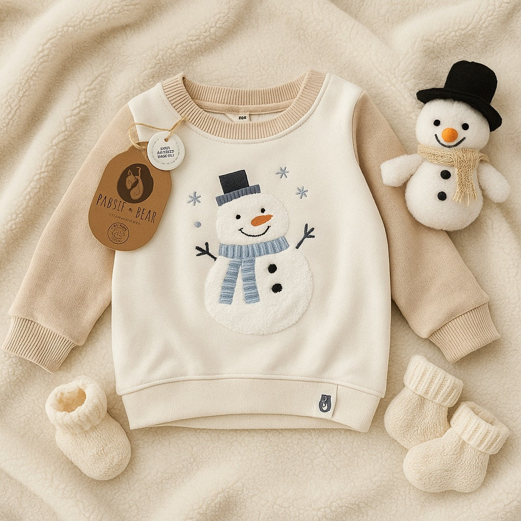 Rabbit + Bear Organic Cotton Infant Snowman Sweatshirt 12M – Cream & Beige with Textured Embroidery NWT