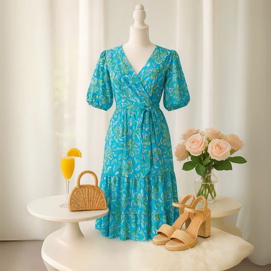 Lilly Pulitzer Women's Brantley Midi Wrap Dress Cumulus Blue Chick Magnet Size Large