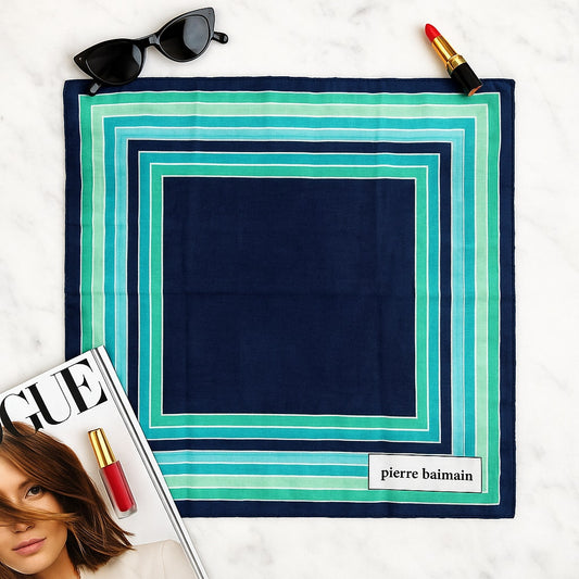Pierre Balmain Vintage 1970s Blue & Green Square Scarf | 24.5” Designer Neck Scarf | Mod Striped Silk Cotton Blend Wrap | Women's French Fashion Accessory