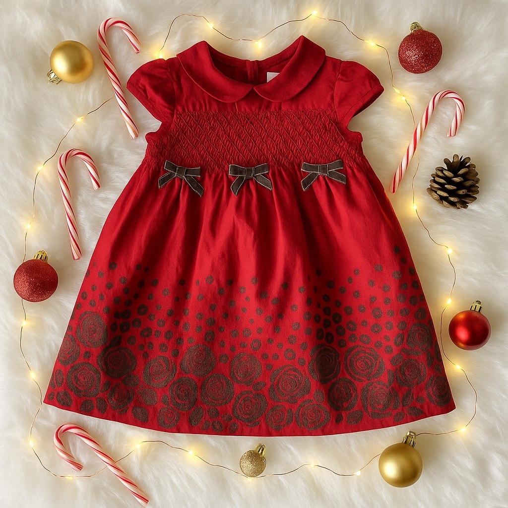 🎀 Janie and Jack Baby Girl Red Silk Flocked Dress | Size 12-18 Months | Holiday Outfit