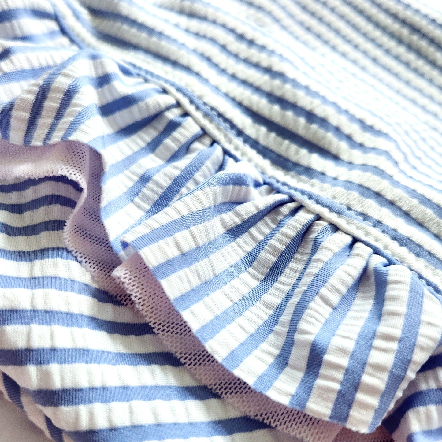 RuffleButts Blue & White Seersucker Waterfall One Piece Swimsuit Size 10