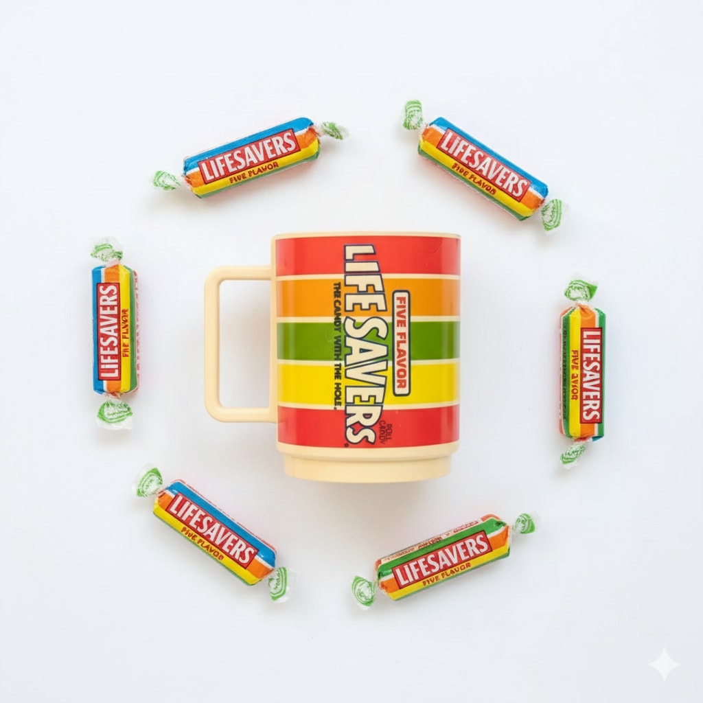 Vintage 1980s Lifesavers Five Flavor Promotional Mug – Retro Plastic Candy Cup – Bright Rainbow Home Kitchenware – Collectible Advertising Mug
