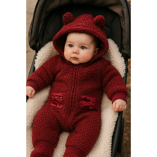 7 For All Mankind Infant Faux Shearling Hooded Coverall | Cranberry Red | Size 0-3 Months