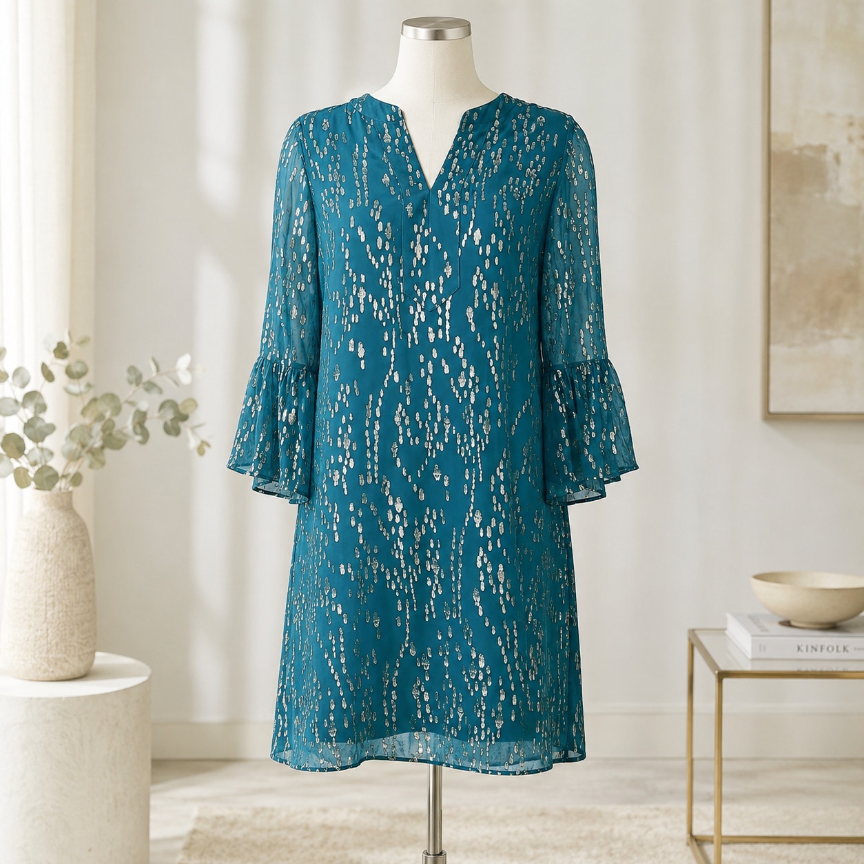 Lilly Pulitzer Elenora Dress | Teal Metallic Gold Silk 3/4 Sleeve | Women's S