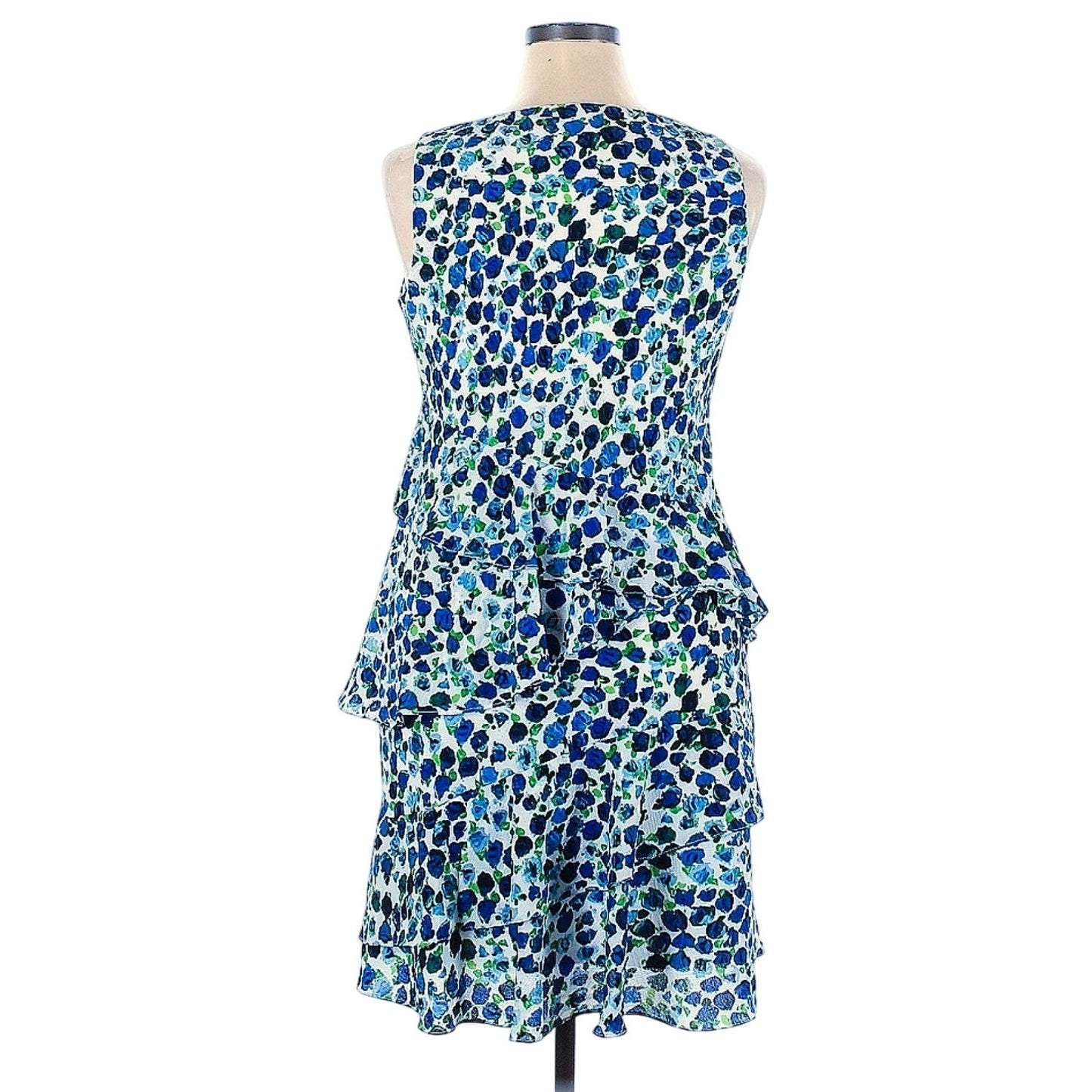 Lauren Ralph Lauren Ruffled Crepe Dress | Blue Floral Print Colonial Cream | Women's Size 14 | Sleeveless Shift