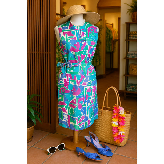 Vintage 1960s Andrade Waikiki Resort Dress | Mid-Century Modern Sleeveless Silky Dress | Turquoise Purple Green Abstract Print | Women's Size S 2-4