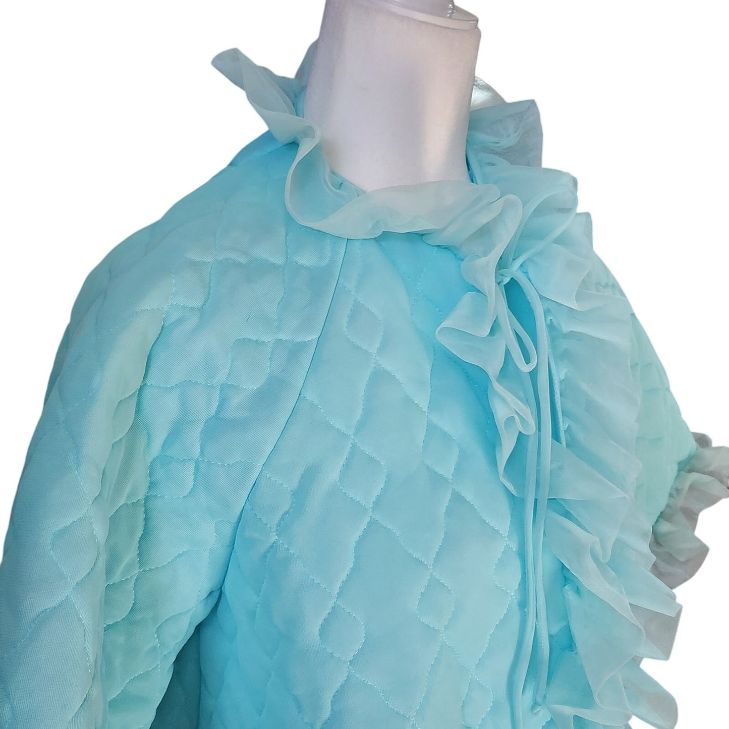 1960s Aqua Blue Quilted Nylon Bed Jacket with Ruffle Trim | Made in California | Women's M