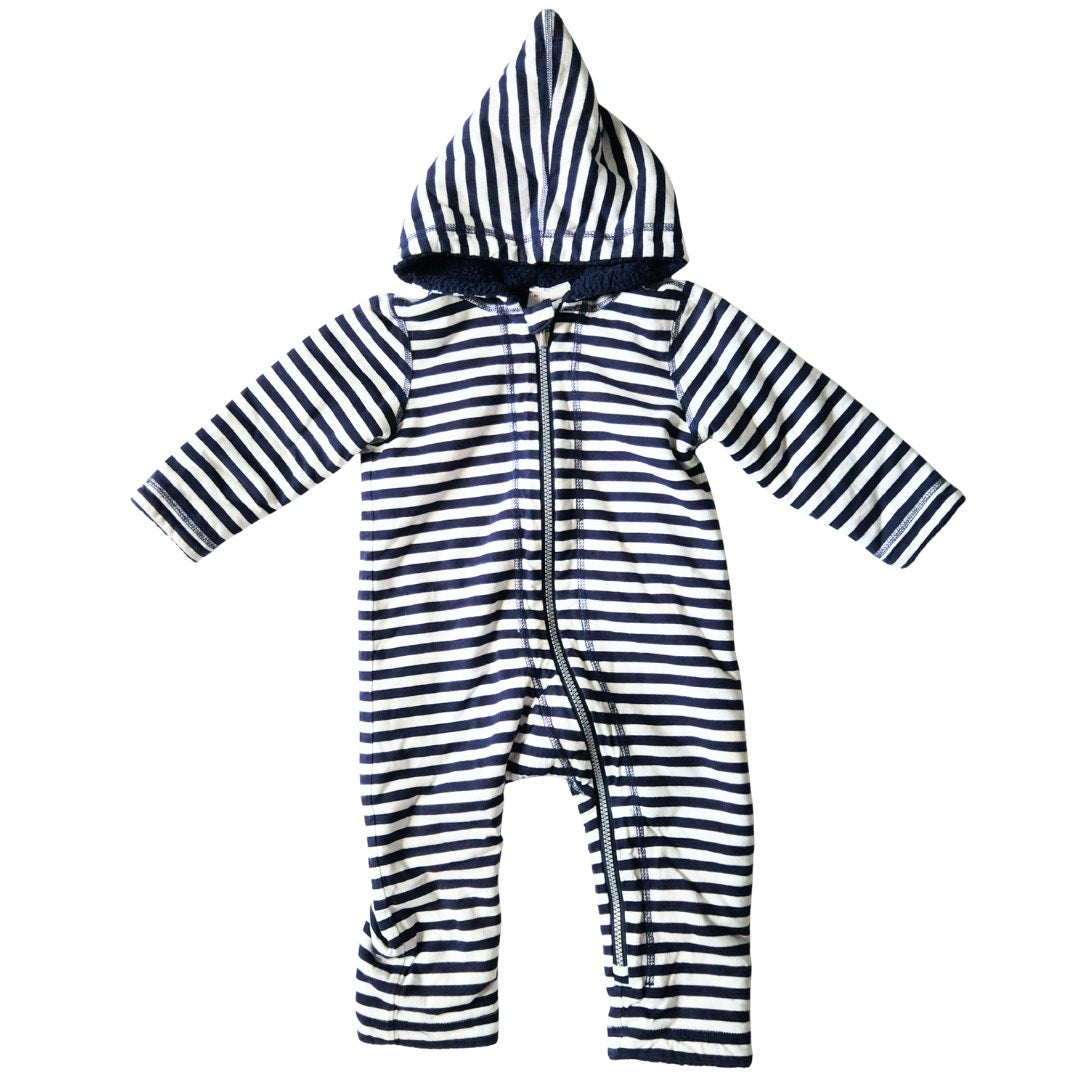 Reversible Striped Hooded Baby Fleece Bunting Coat | Navy Blue & White | Size 60 (3–6 Months)