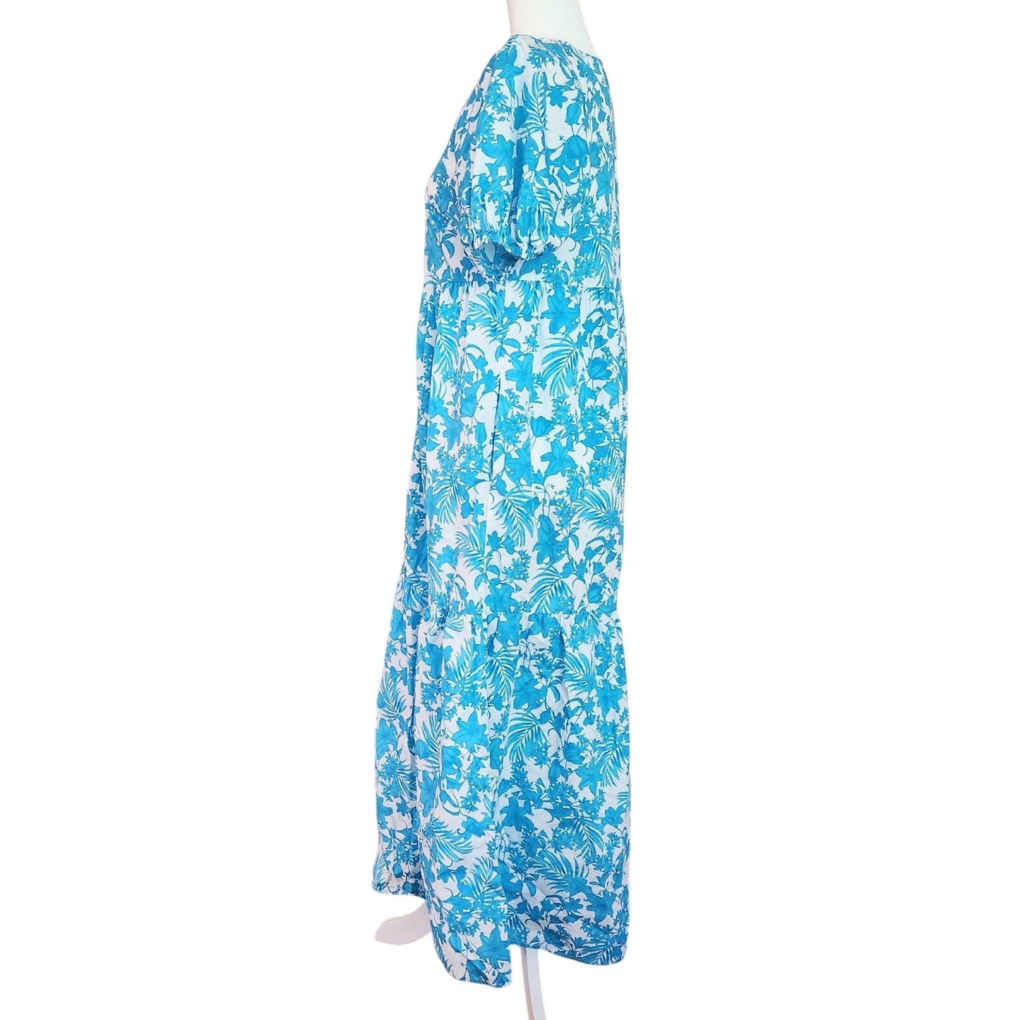 Peyton & Parker Women’s Puff Sleeve Turquoise Floral Maxi Dress XS Cotton Pockets