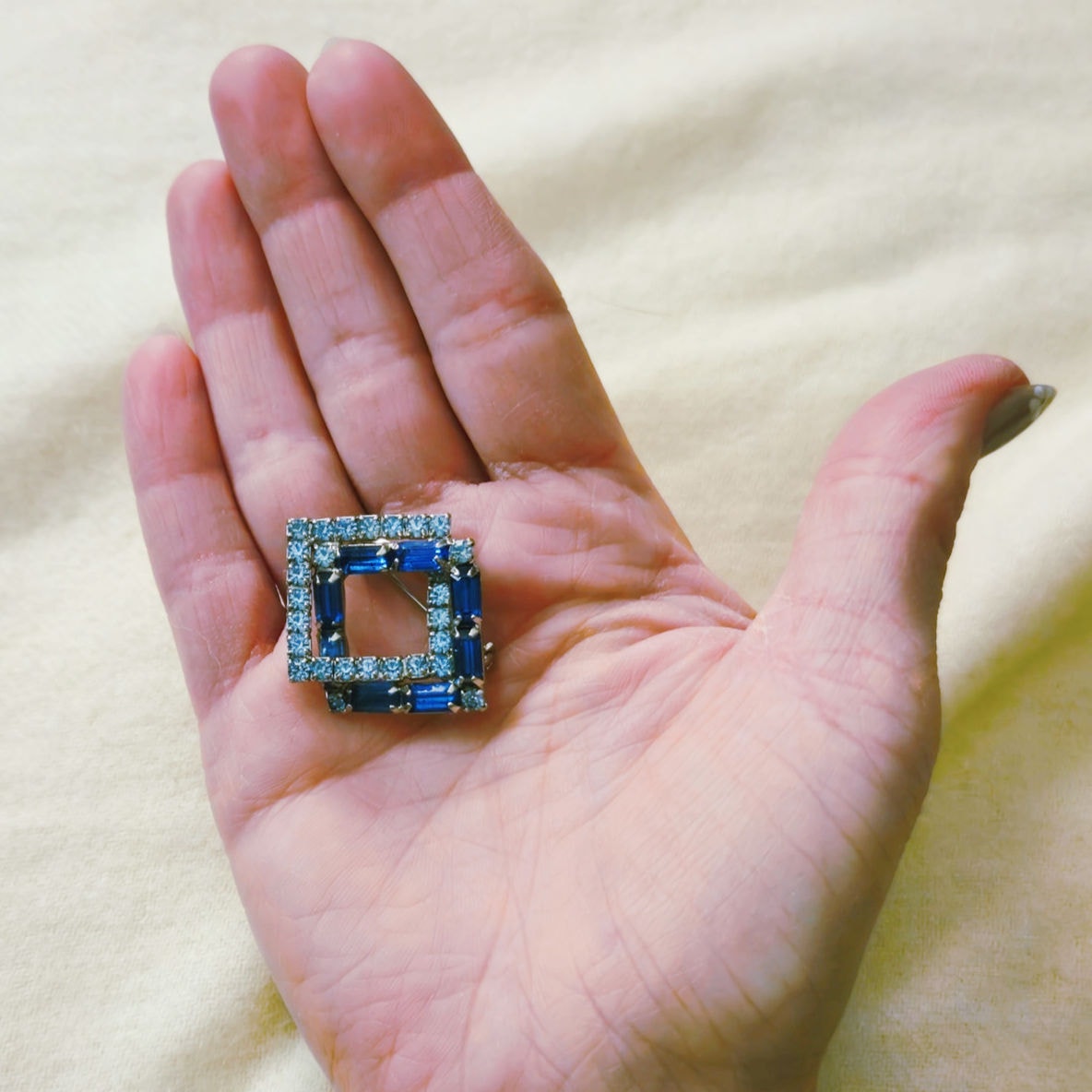 Vintage Art Deco Square Blue Rhinestone Brooch | Mid Century Statement Pin