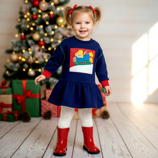 Paddington Bear Vintage 1990s Toddler Girls Blue Sweatshirt Dress Winter Sledding Applique Size 3T