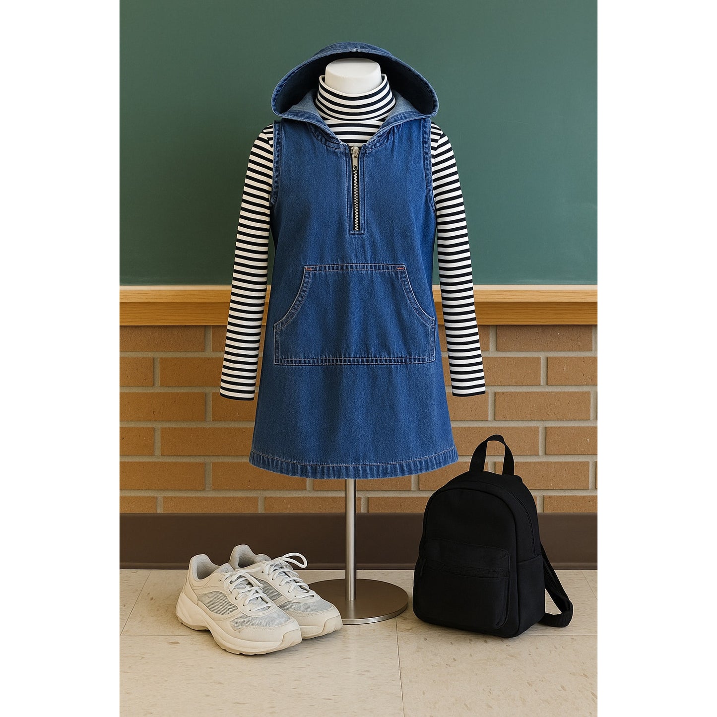 Vintage 90s GAP Girls Denim Hoodie Jumper Dress | Kangaroo Pocket, Zipper Front, Dark Blue Wash | Size Large 10-12