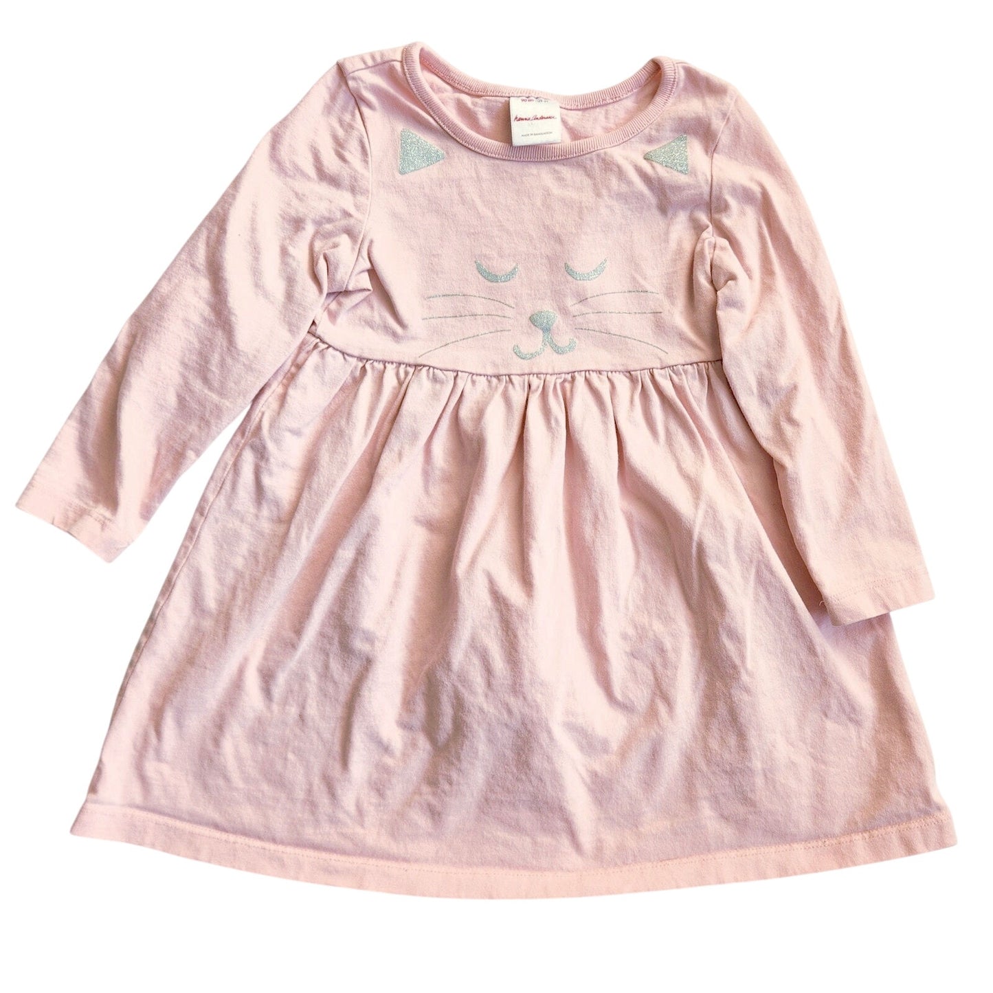 🐱 Hanna Andersson Sparkly Cat Face Dress – Petal Pink Long Sleeve Twirly Dress | Toddler Girls Size 3T