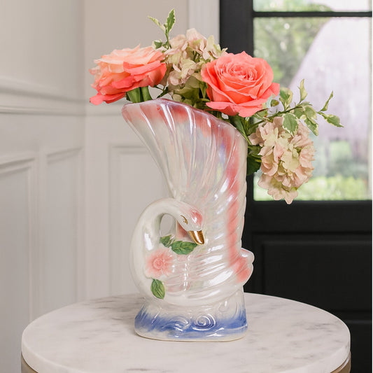 Vintage Iridescent Ceramic Swan Vase – Pink & Blue Floral Mid-Century Planter – Swan Figurine Home Décor