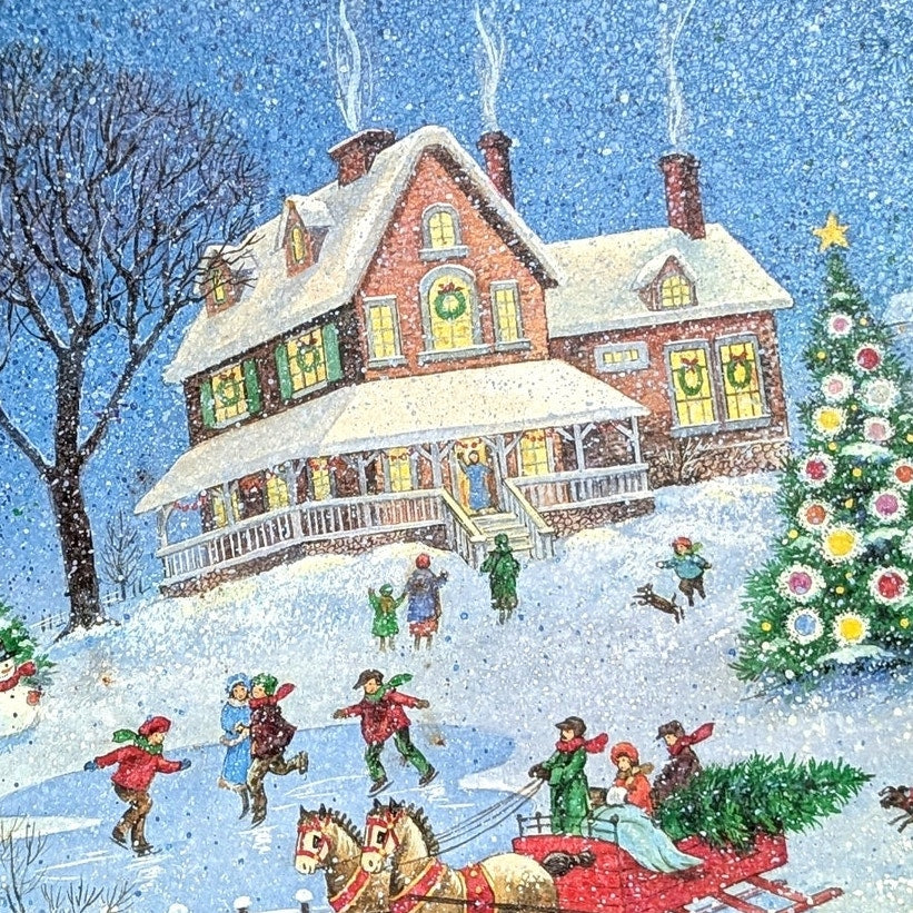 Vintage 1980s Potpourri Press Christmas Tray – Winter Scene with House, Sleigh & Tree, Signed WIM Schimmer, Holiday Home Collectible