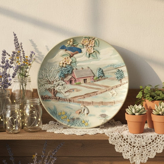 Byron Molds 3D Ceramic Wall Hanging Plate – Vintage 1980 Cottagecore Farm Scene with Bluebird, Barn & Daffodils – 10.25” | Home Decor