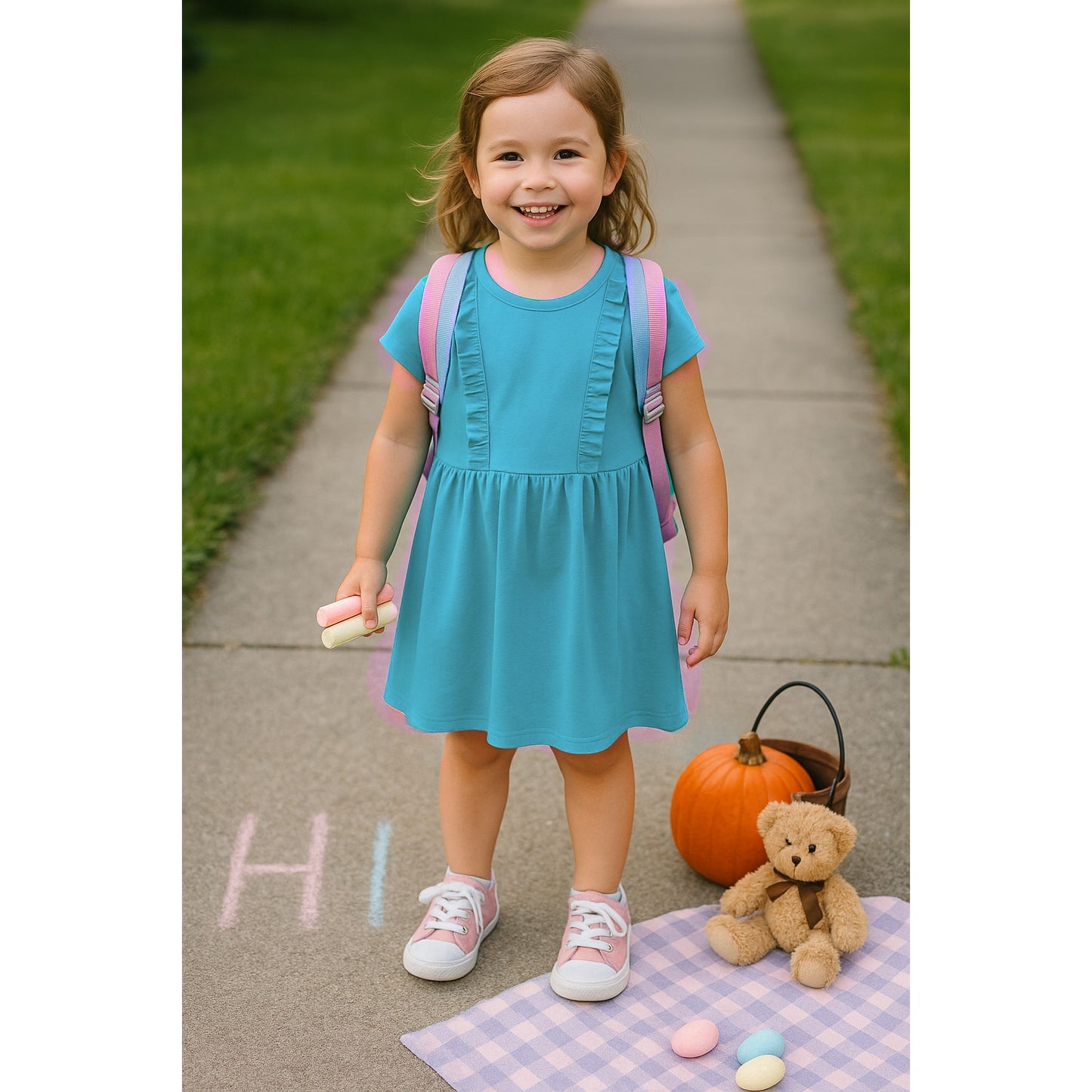 Hanna Andersson Turquoise Ruffle Play Dress | 100% Cotton | Girls Size 5 /110 cm