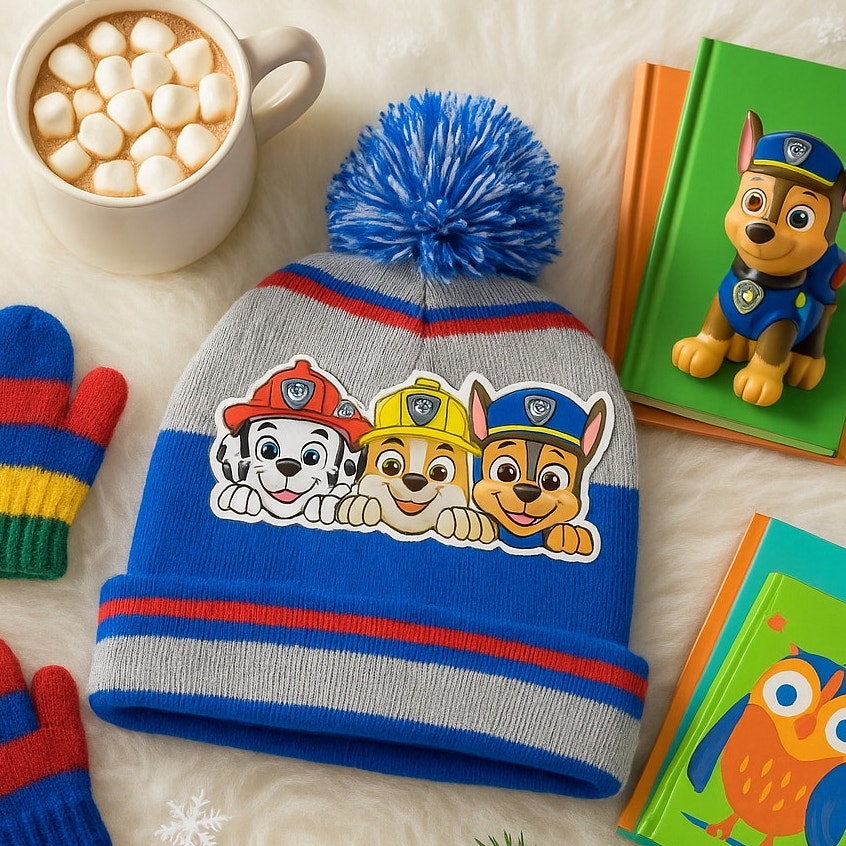 Nickelodeon Paw Patrol Toddler Winter Beanie Hat – Pom Pom Blue, Red & Gray Stripes
