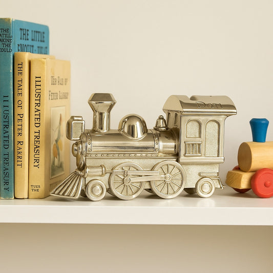 Things Remembered Vintage 1990s Silverplate Train Coin Bank – Personalized “Dan” Steam Locomotive Piggy Bank – Collectible Home Kids Room Decor Gift