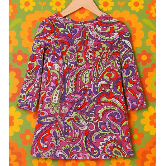 Hanna Andersson Girls Mod Paisley Long Sleeve Dress | Size 120 (6–7) | Retro Red Purple Green | Cotton