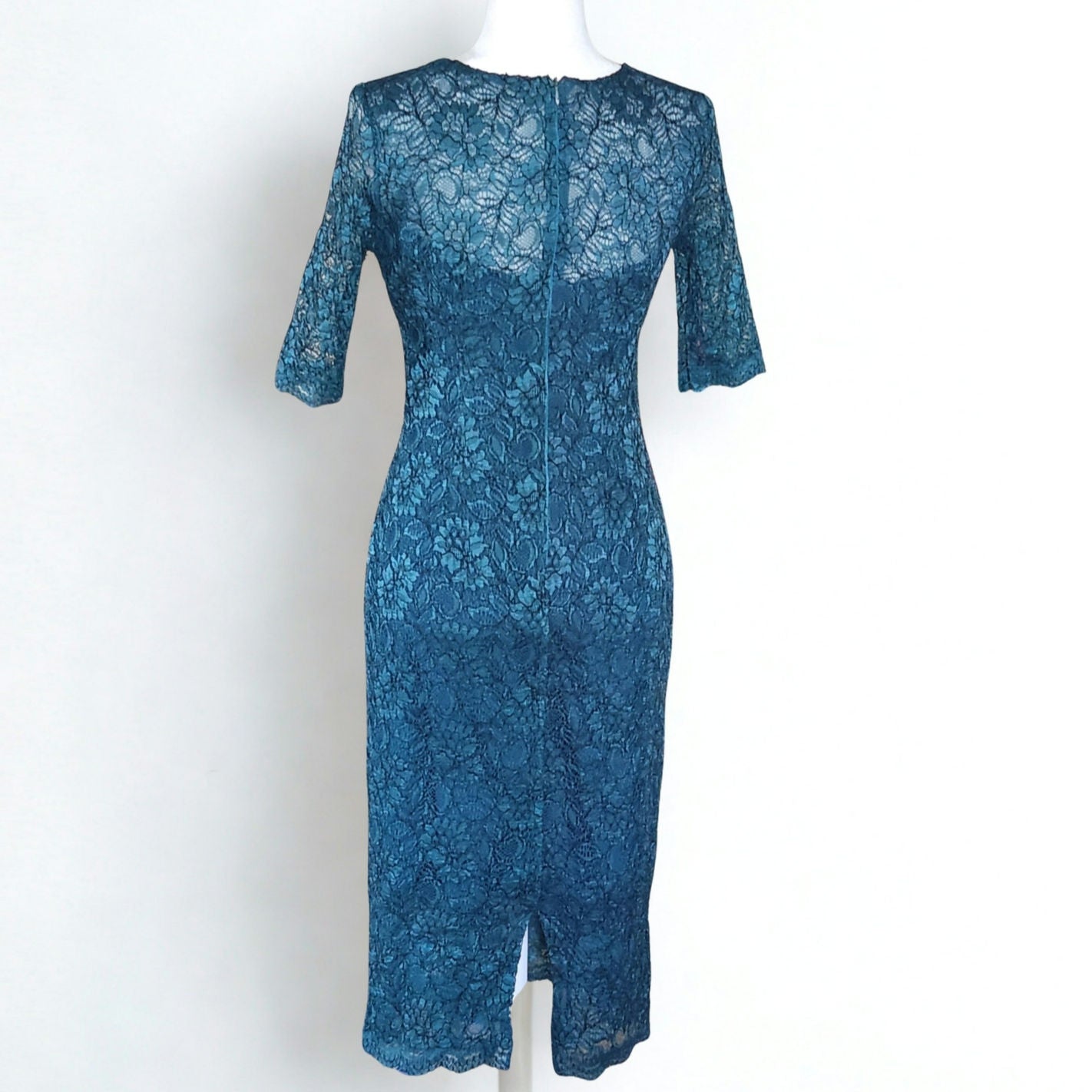ML Monique Lhuillier Women's Lace Me in Teal Short Sleeved Cocktail Dress Size 8