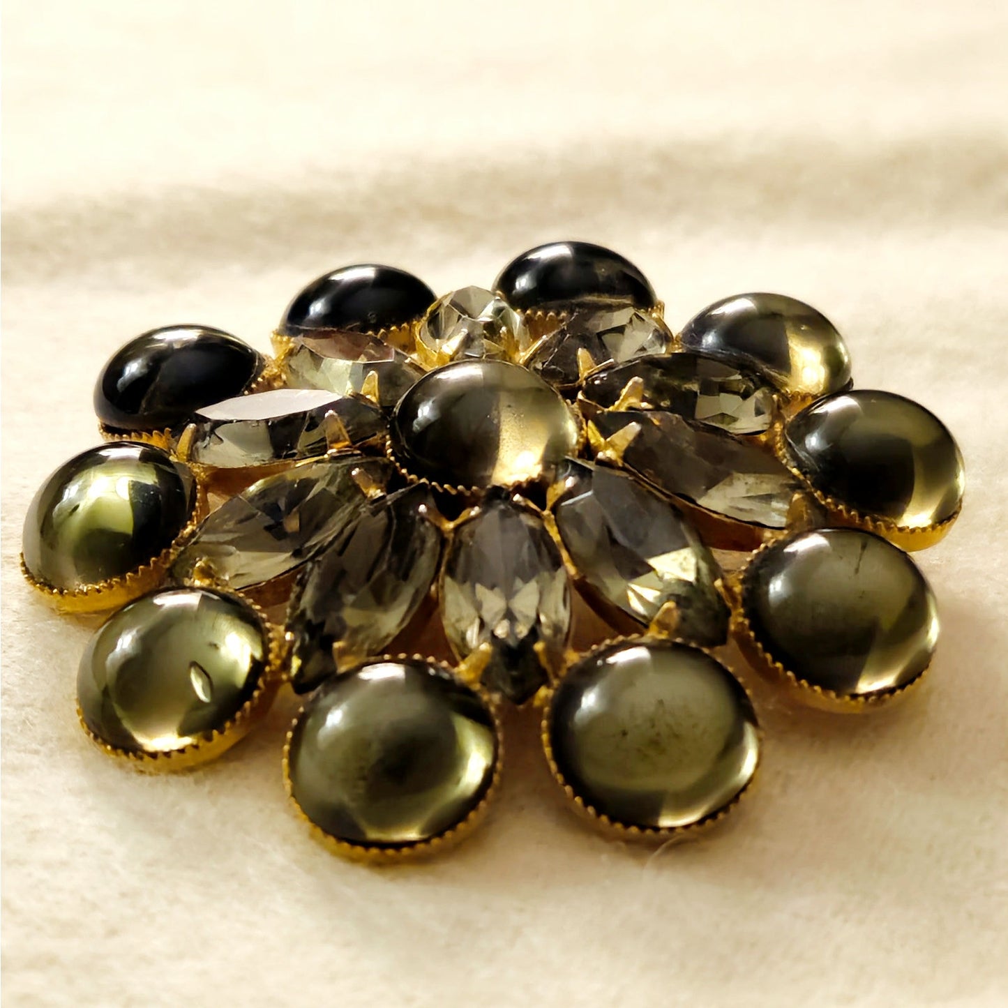 Vintage Olive Green and Smoky Rhinestone Brooch | Large Mid Century Statement Floral Cluster Pin