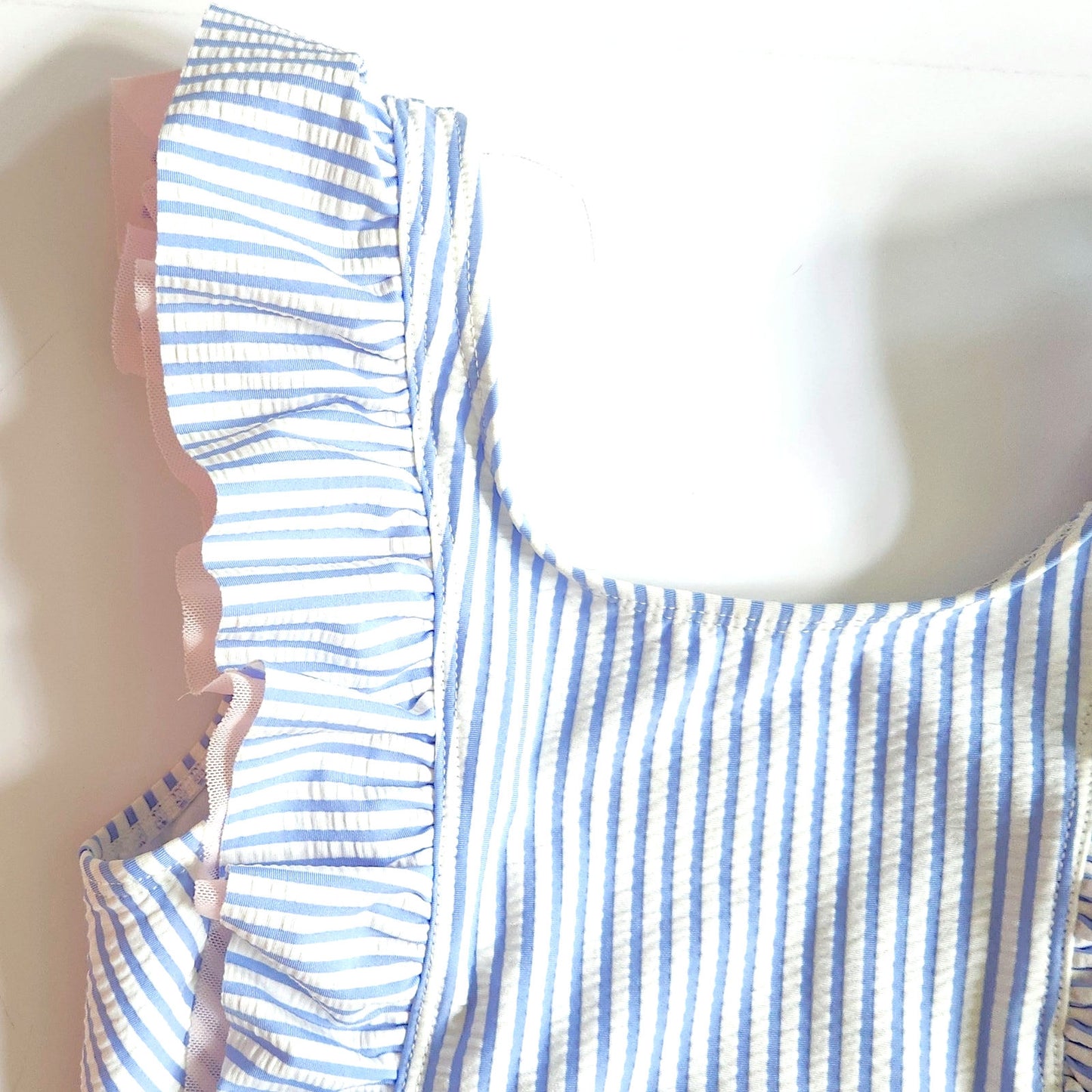 RuffleButts Blue & White Seersucker Waterfall One Piece Swimsuit Size 10