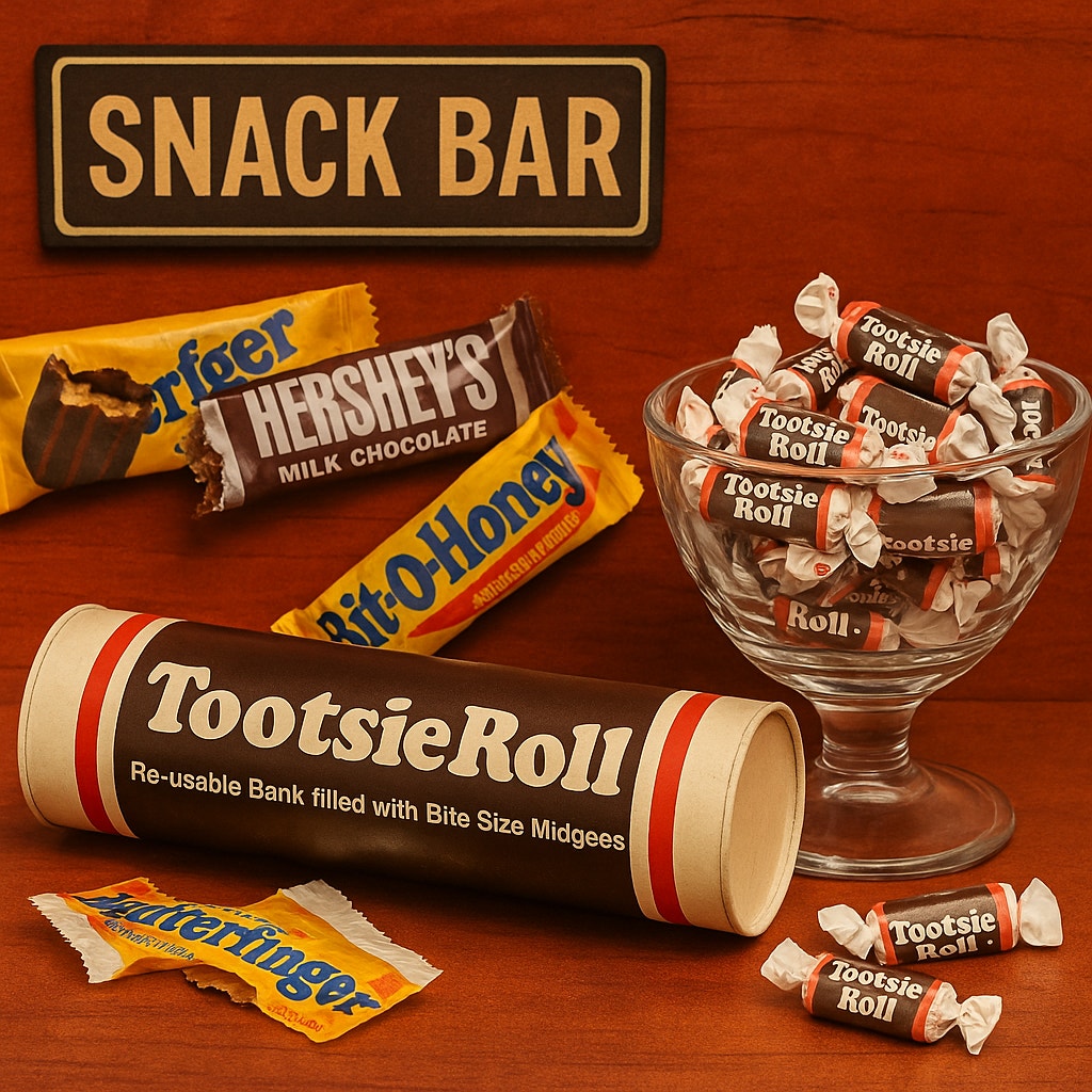 Vintage 1970s Tootsie Roll Coin Bank – 7.5” Tall Retro Candy Tube Reusable Promotional Bank – Iconic Chocolate Candy Branding – Collectible Kids Home Gift