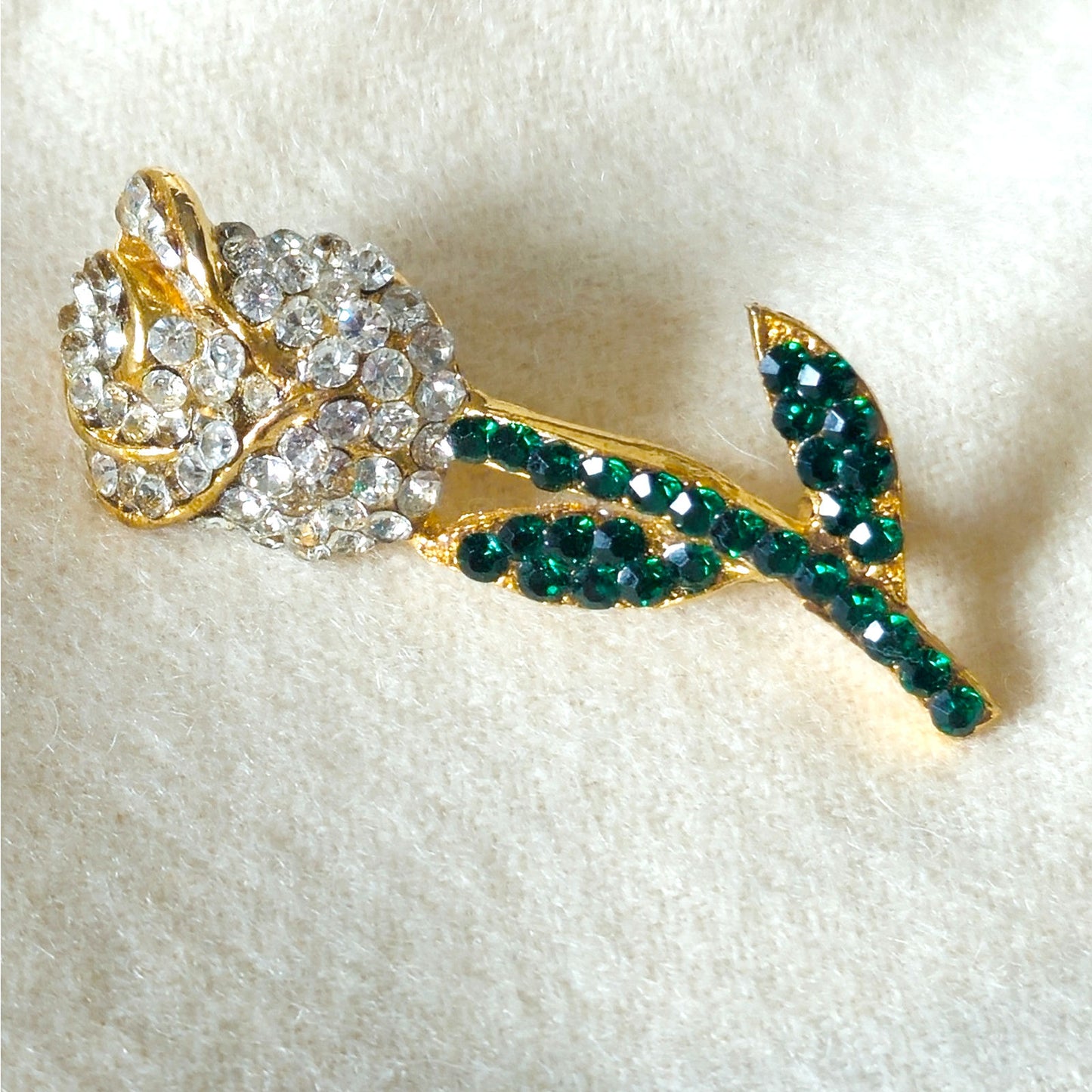 Vintage Jonette JJ Rose Brooch | 1980s Gold Tone Rhinestone Flower Pin | Emerald Green & Clear Crystal