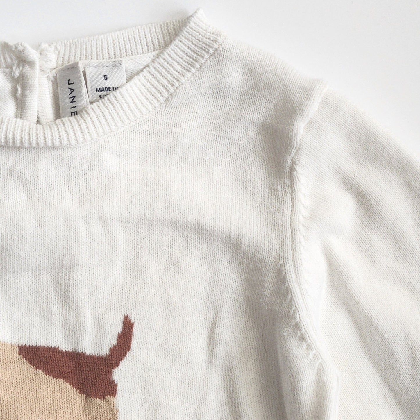 Janie and Jack Ruffle Cuff Dog Sweater | Jet Ivory White Cotton | Girls Size 5