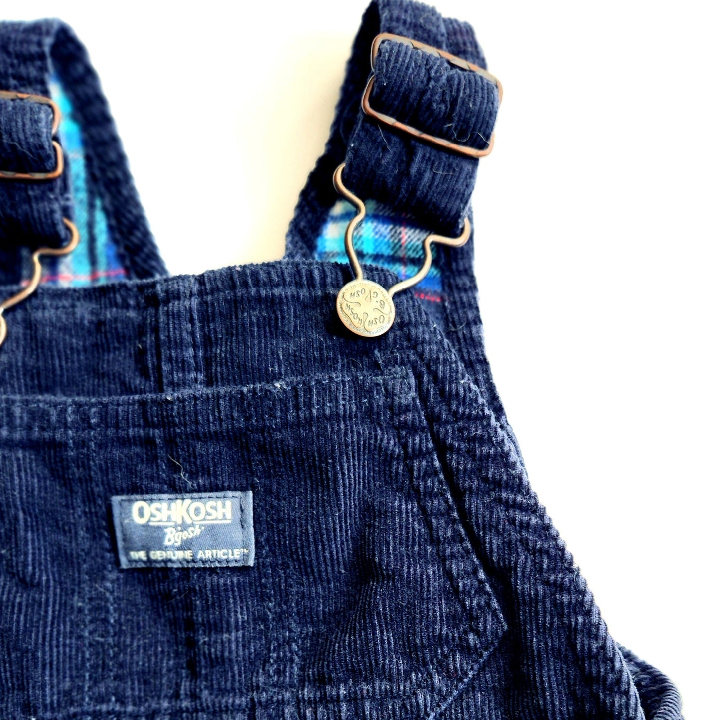 Oshkosh B'gosh Navy Blue Corduroy Overalls Plaid Flannel Lined Size 9-12 months